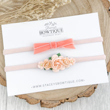 Load image into Gallery viewer, Peach Ribbon &amp; Rose Headband Set
