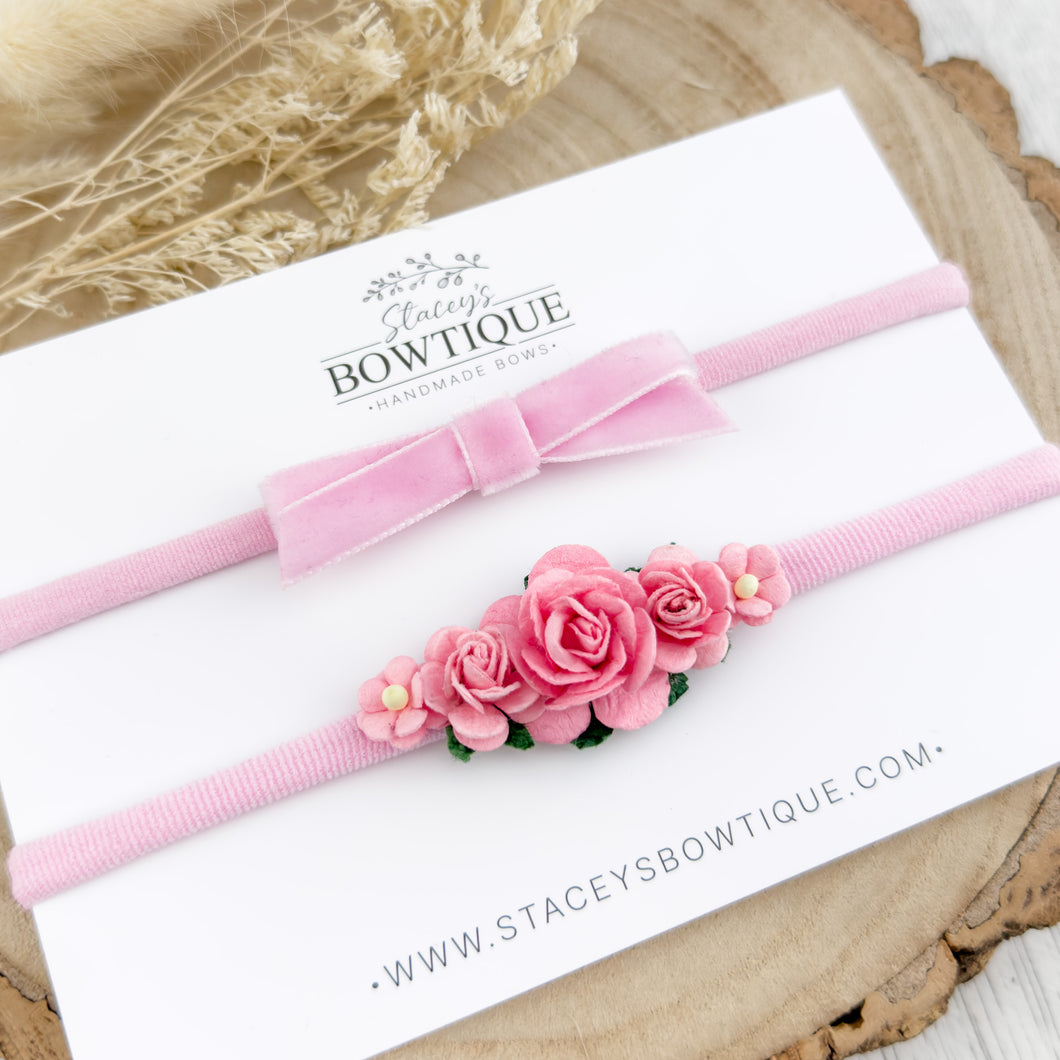 Pink Ribbon & Rose Headband Set